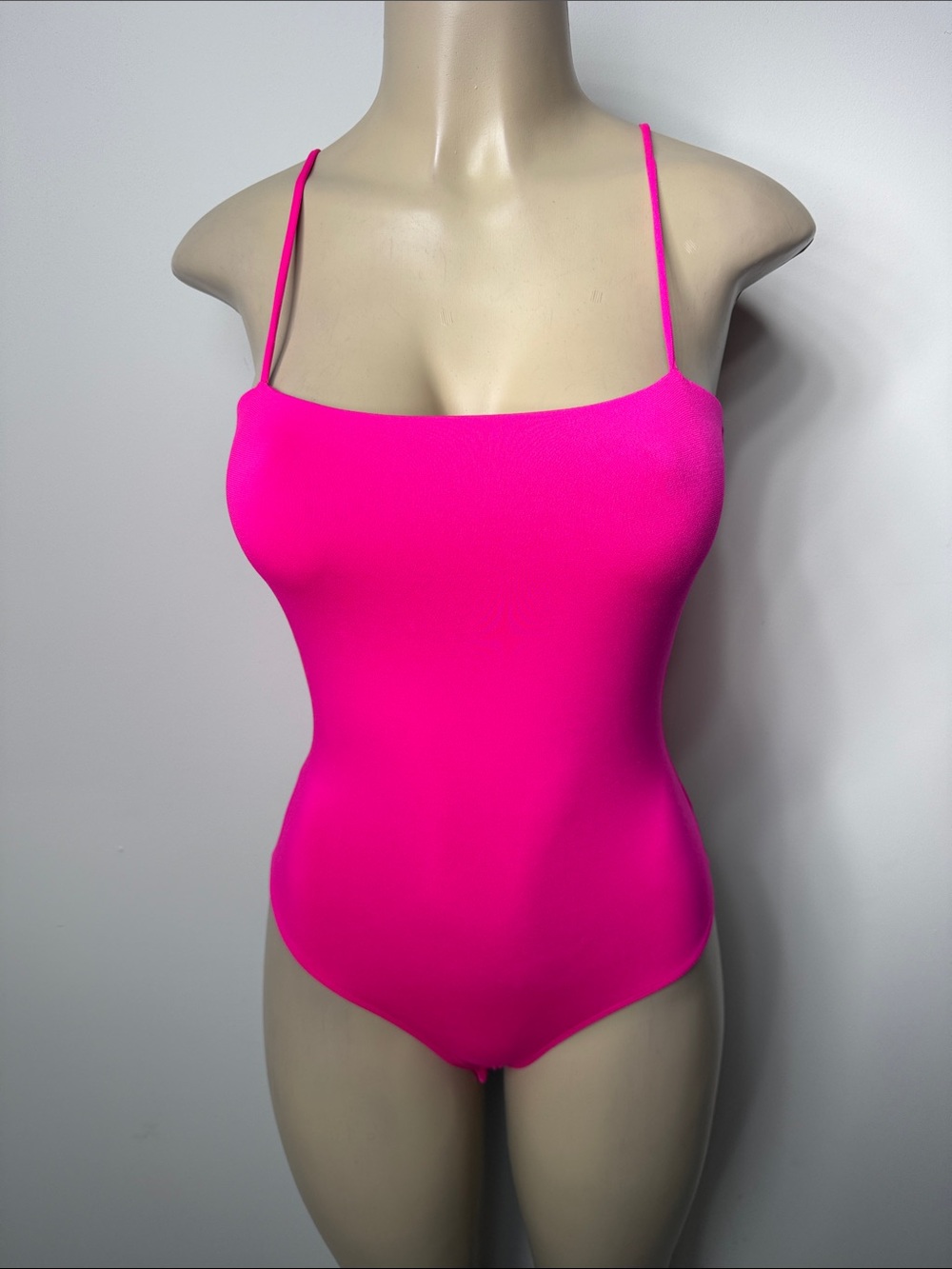 Mind Code Hot Pink Square Neck Spaghetti Strap Bodysuit